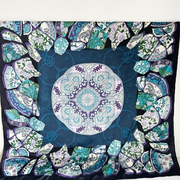 Vintage Chinese Pottery Print Blue Purple Hand Rolled Silk Scarf - Picture 5 of 5